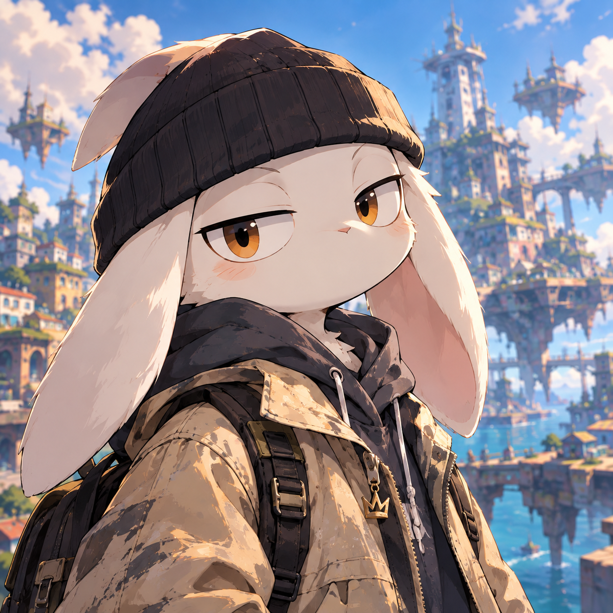 Cream rabbit in a black beanie and tan jacket, with a gold crown pendant