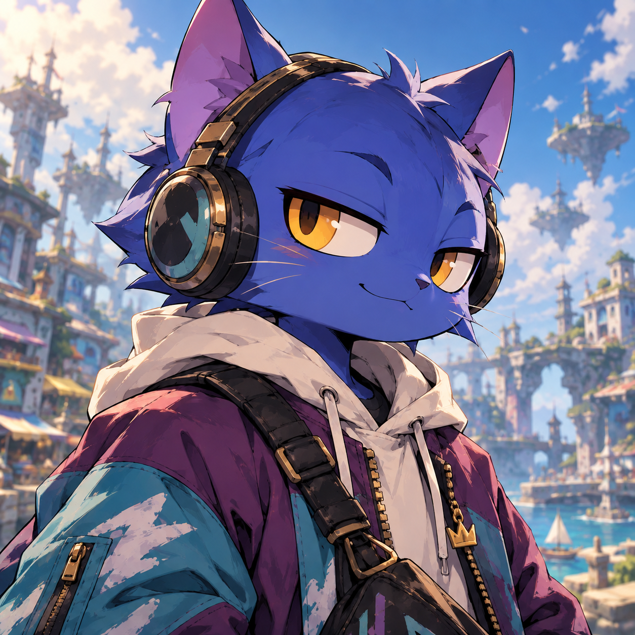 Blue cat wearing headphones and a colourful streetwear jacket