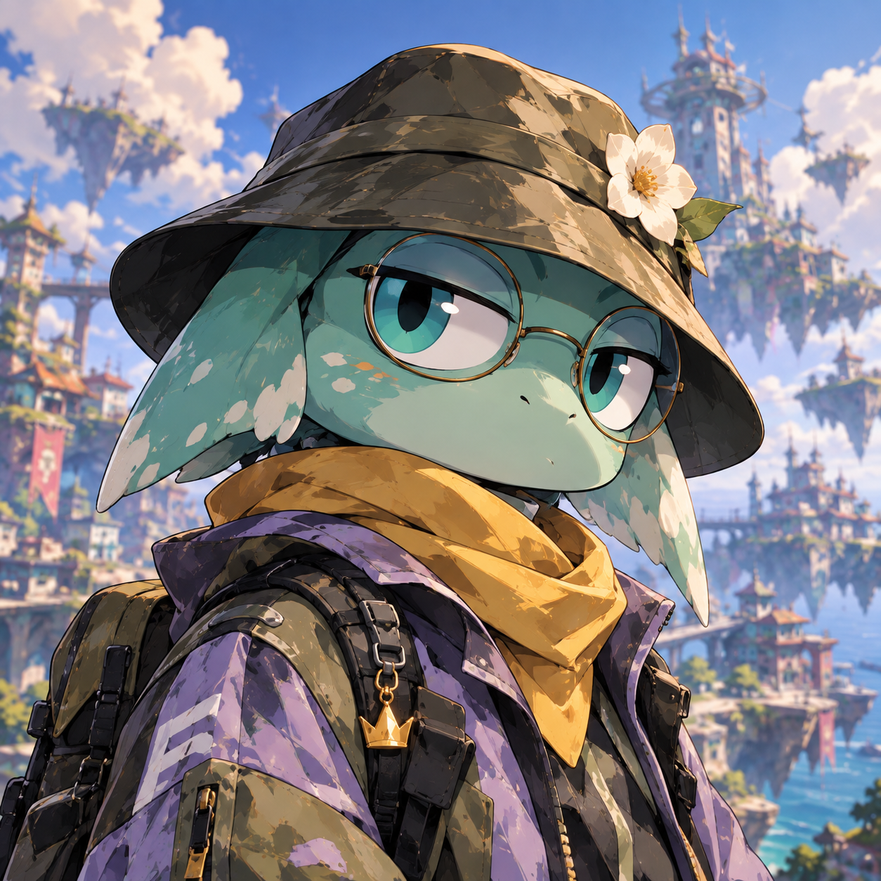 Mint-green creature with glasses, a flower on its bucket hat and a gold scarf