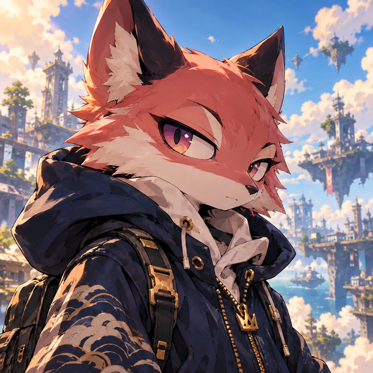 Coral fox in a navy hood and painterly jacket above the floating city