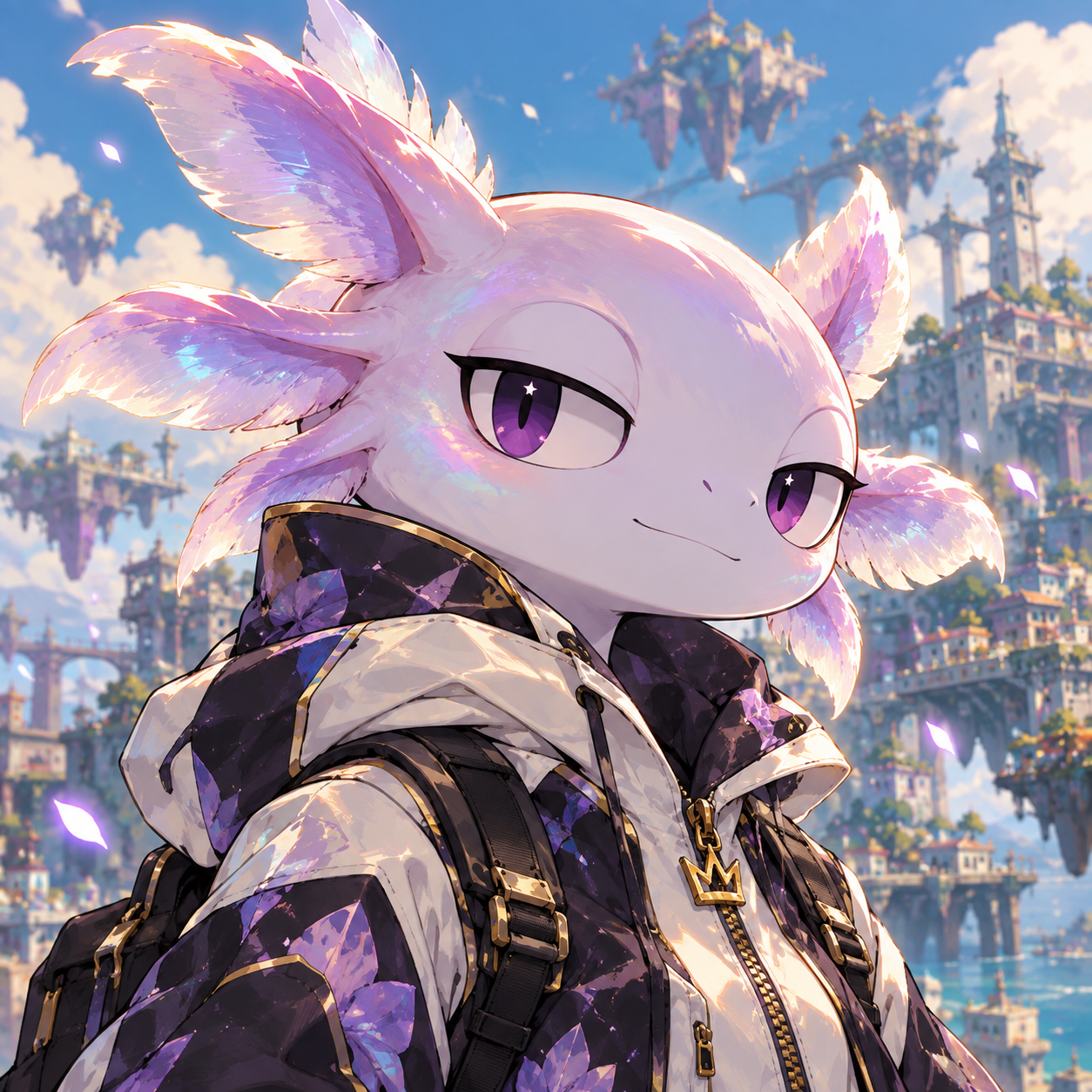 Pearlescent lilac creature in a cream jacket, with floating islands behind it