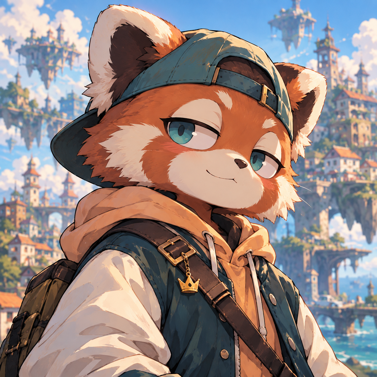 Red panda wearing a backwards teal cap and varsity jacket