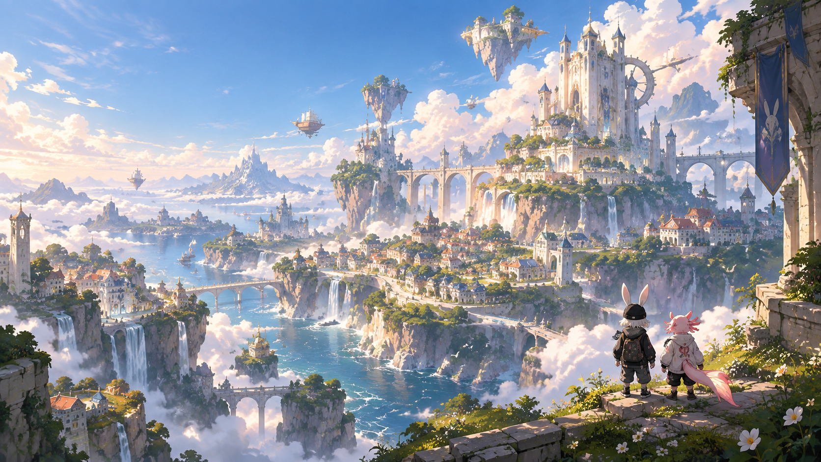 Two outcasts, seen from behind, gaze across Nokara’s sunlit towers, bridges and floating islands